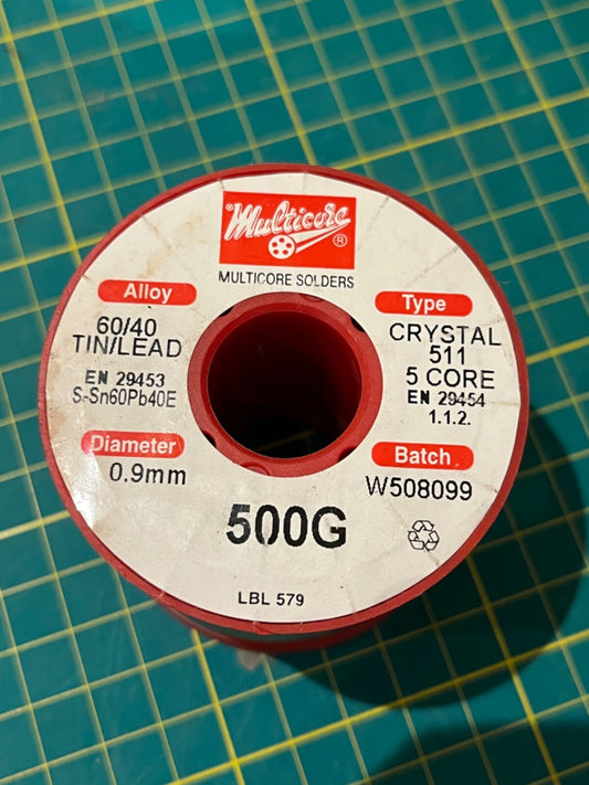 1 x 500g Reel CRYSTAL 511 5 Core EN29454 60/40 TIN/LEAD 0.9mm 