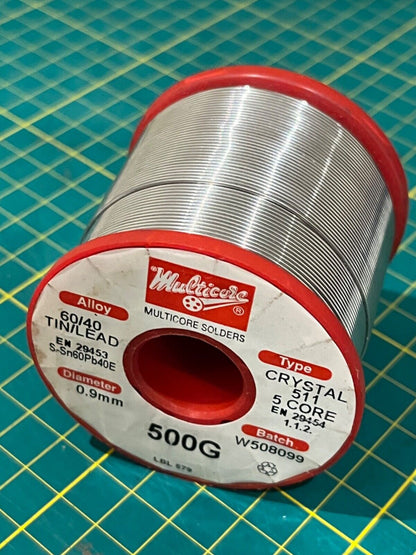 1 x 500g Reel CRYSTAL 511 5 Core EN29454 60/40 TIN/LEAD 0.9mm 