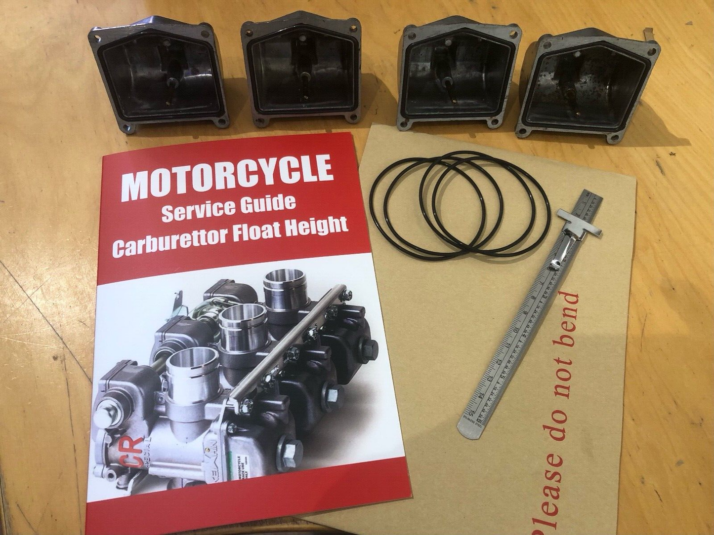 CB400F CARB GASKETS, FLOAT HEIGHT TOOL AND INSTRUCTIONS.